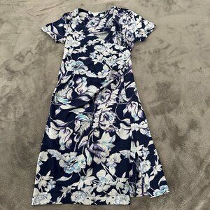 Soft Surroundings Dress SMALL Blue Floral Short Sleeve Wrap Style Stretch Knit
